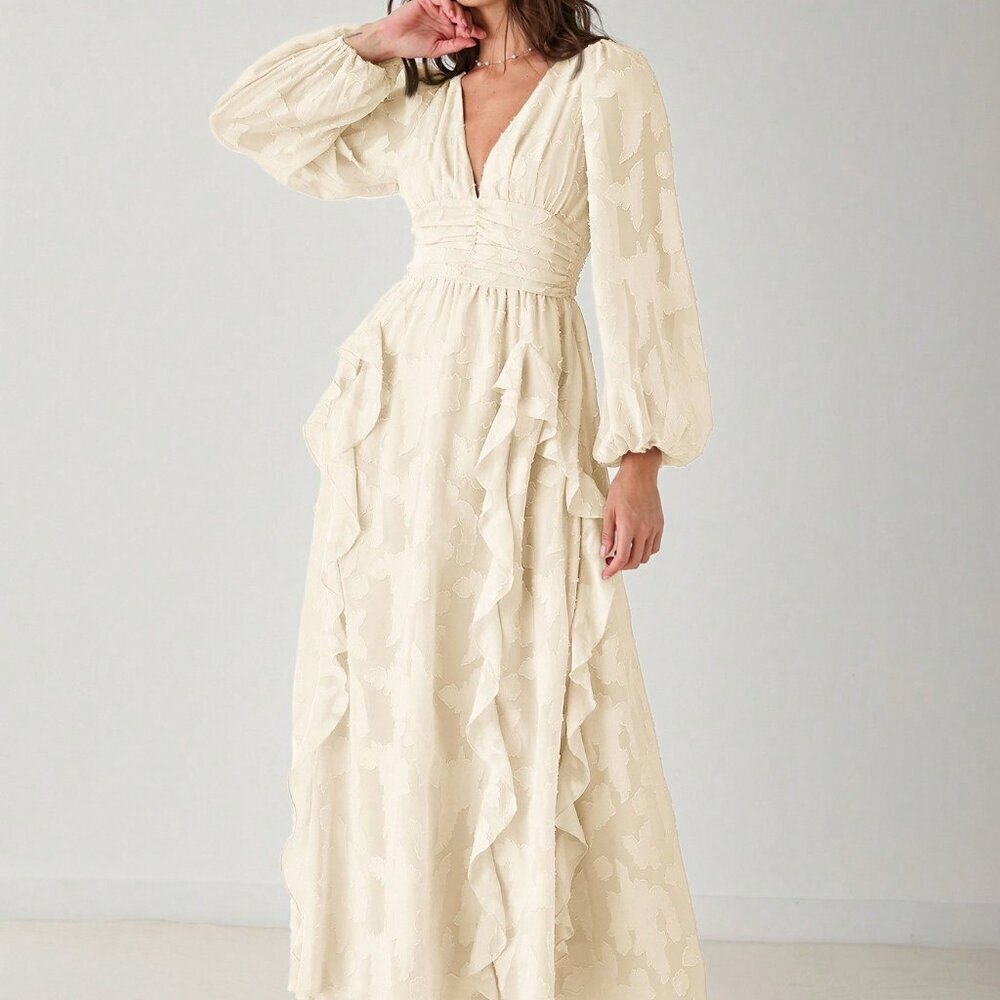 Apricot Elegant Women's Romantic V-Neck Ruffle Long Sleeve Maxi Dress - Picture 7 of 8